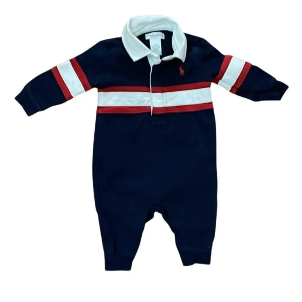 Ralph Lauren Navy Cotton Bodysuit Infant Size 3M Collared Preppy